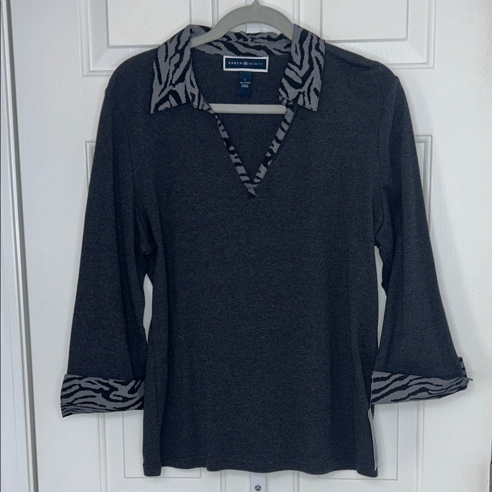 Karen Scott Charcoal Gray Long Sleeve Polo with Zebra Trim Sz Large 100% cotton - Picture 8 of 8